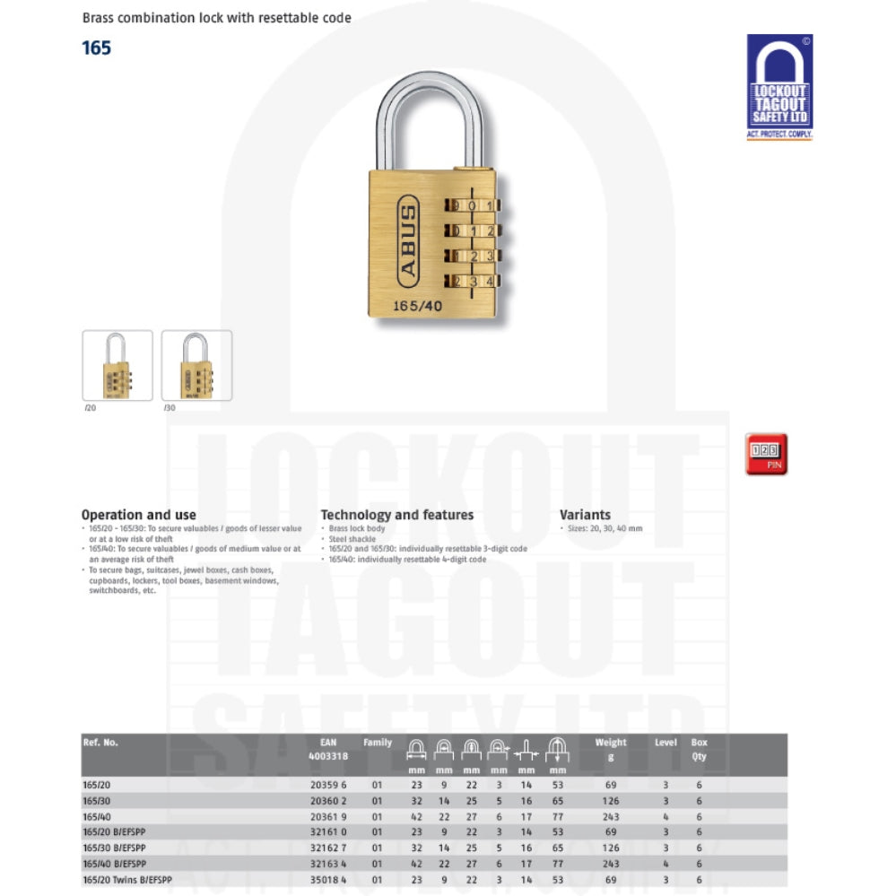 165/20 Series Abus Combination Padlock 165/20 Series Abus Combination Padlock